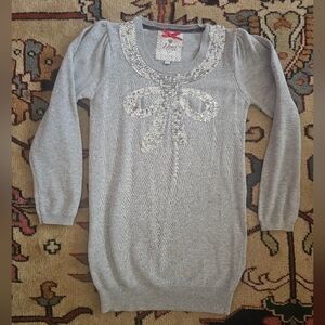 Gray Mini Sweater Dress with Sequin & Faux Pearl Bow Detail | Age: 7-8